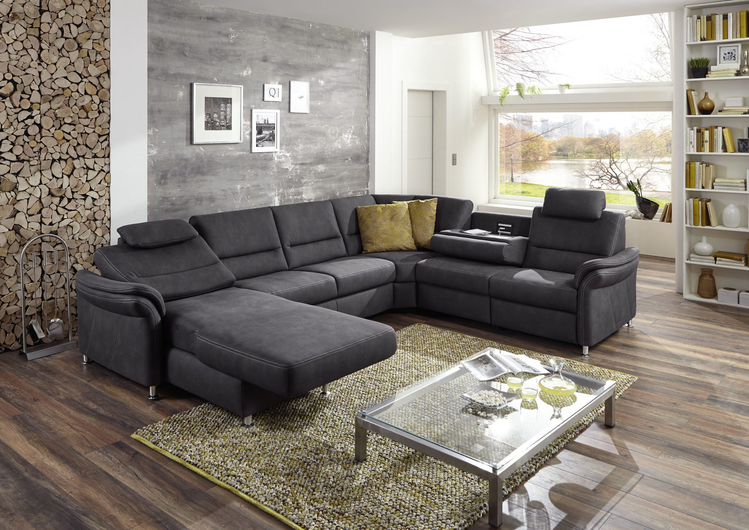 Graue Eckgarnitur mit Eiche Füßen